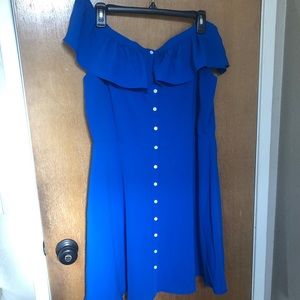 Blue, off the shoulder, faux button down dress
